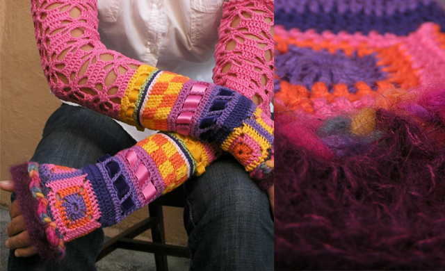 Fancy pink, patchwork fingerless gloves
